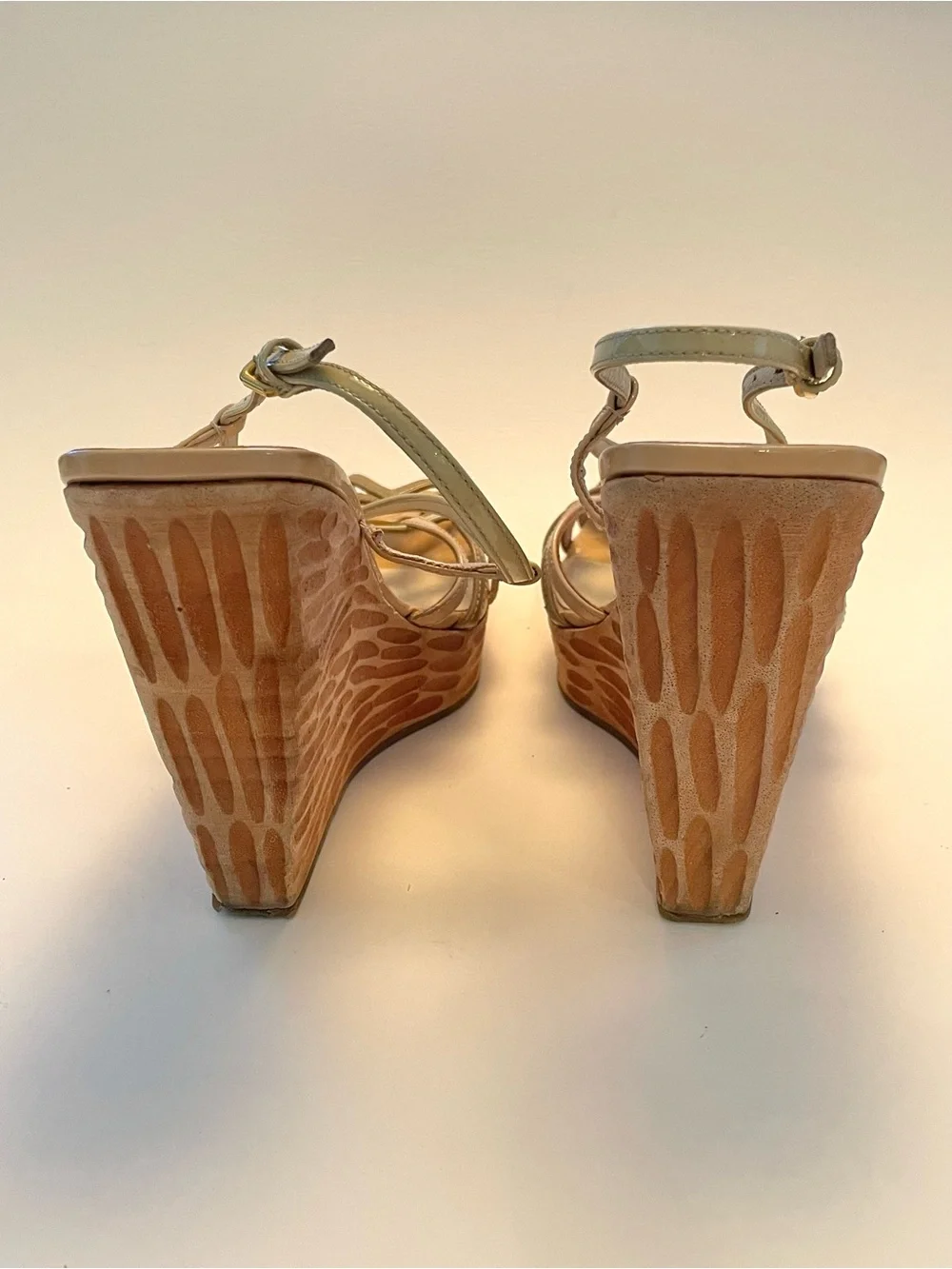 Vintage Miu Miu Wood Carved Strappy Sling Back Wedges